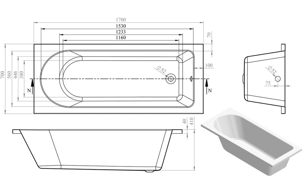 Hawai Round Single Ended 1500/ 1600/ 1700/1800 X 700/ 750/ 800 mm 0TH Bath & Legs