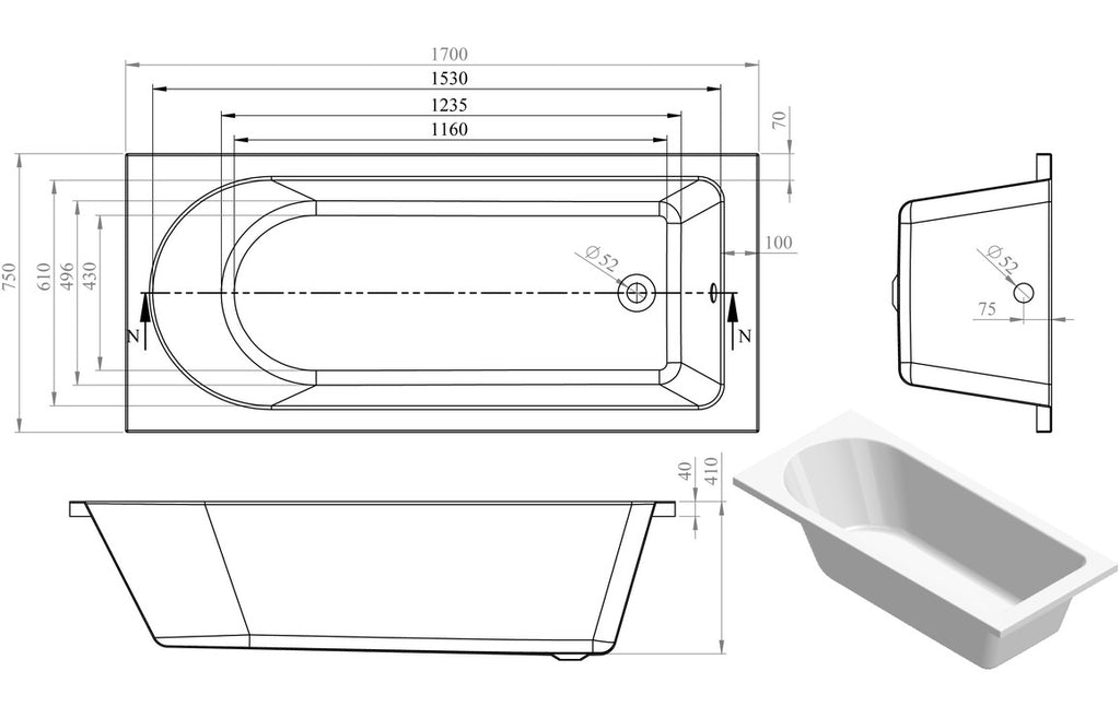 Hawai Round Single Ended SUPERCAST 1500/ 1600/ 1700 X 700/ 750 mm 0TH Bath & Legs
