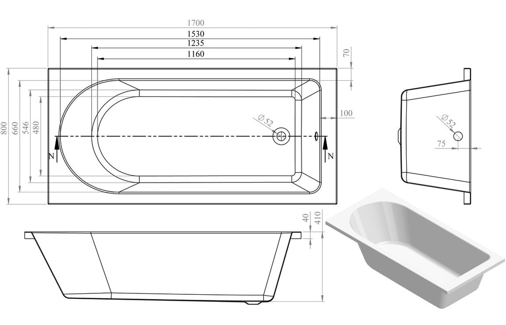 Hawai Round Single Ended 1500/ 1600/ 1700/1800 X 700/ 750/ 800 mm 0TH Bath & Legs