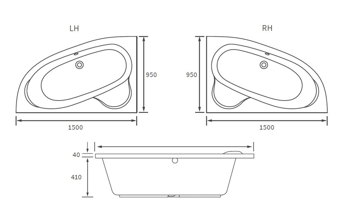 Rango Offset Corner 1500x950x600mm 0TH Bath & Legs - Left/ Right Hand