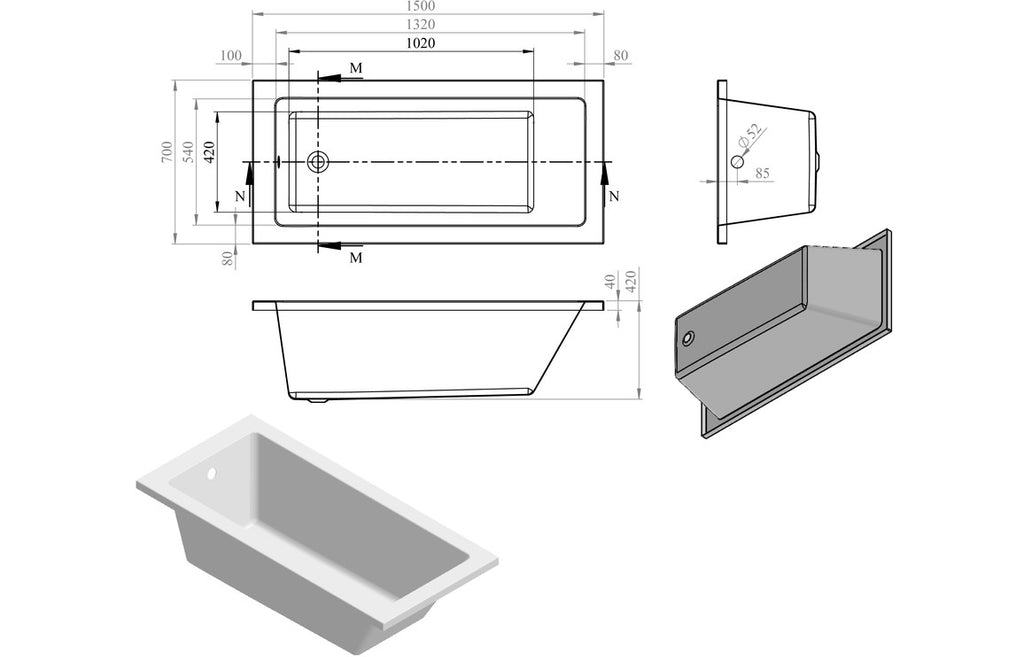 Tunde Square Single Ended 1500/ 1600/ 1700/ 1800 X 700/ 750/ 800 mm 0TH Bath & Legs