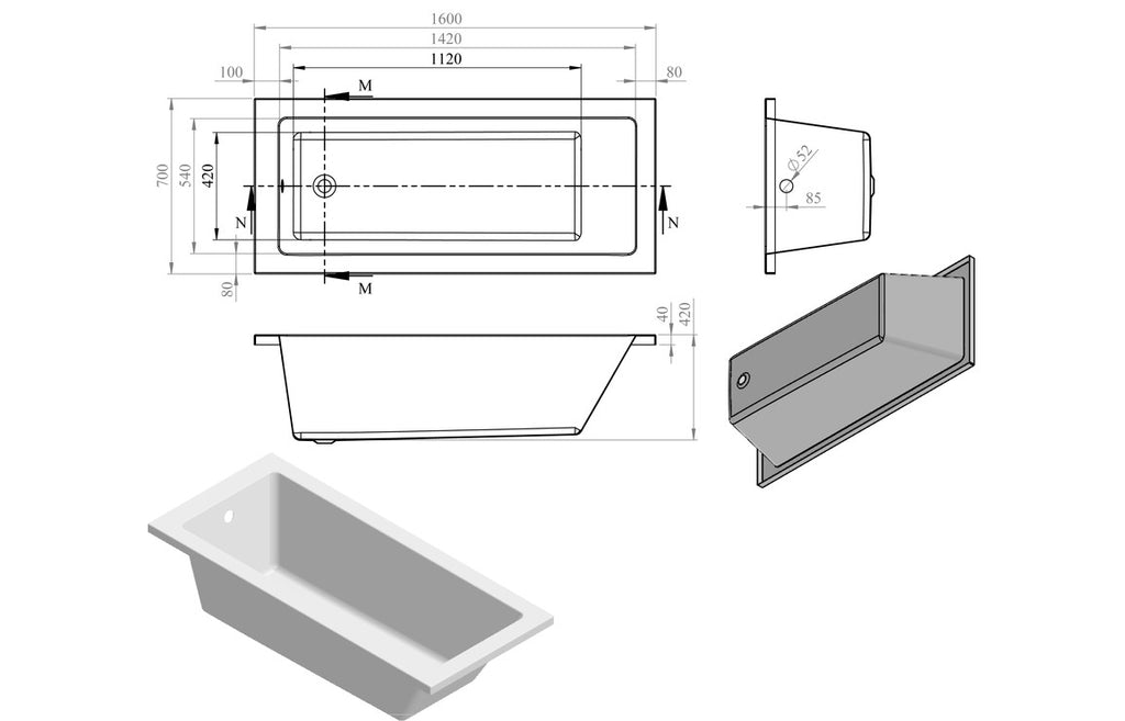 Tunde Square Single Ended 1500/ 1600/ 1700/ 1800 X 700/ 750/ 800 mm 0TH Bath & Legs
