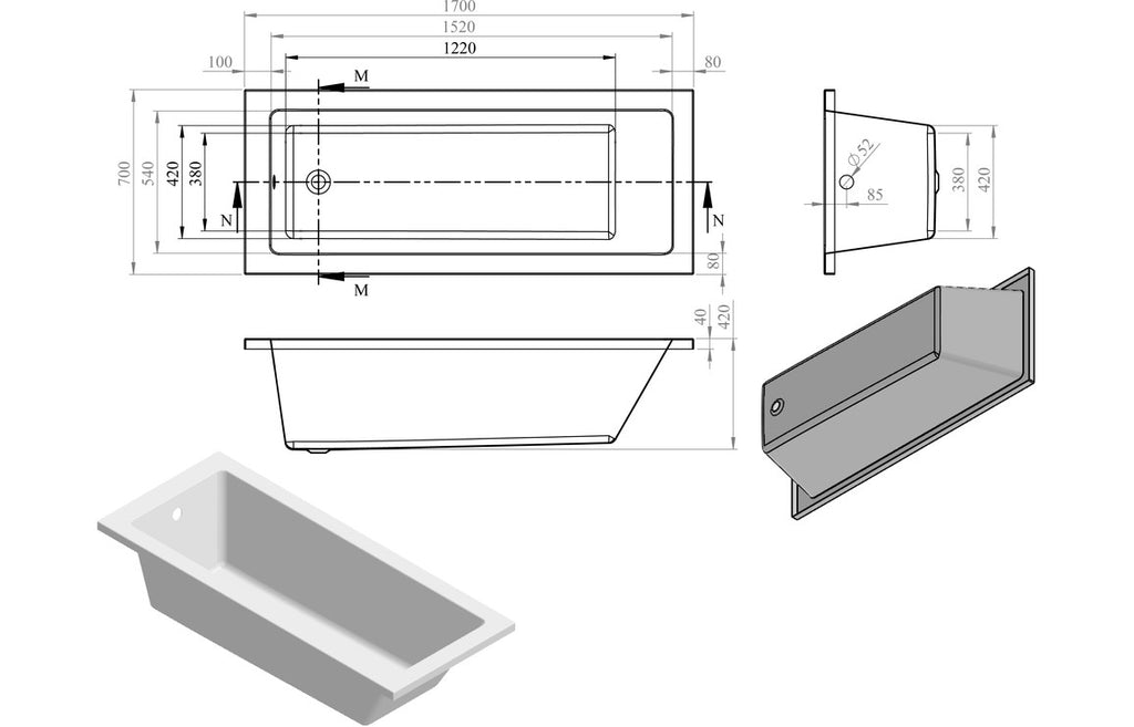 Tunde Square Single Ended SUPERCAST 1700 X 700/ 750 mm 0TH Bath & Legs