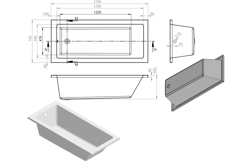 Tunde Square Single Ended SUPERCAST 1700 X 700/ 750 mm 0TH Bath & Legs