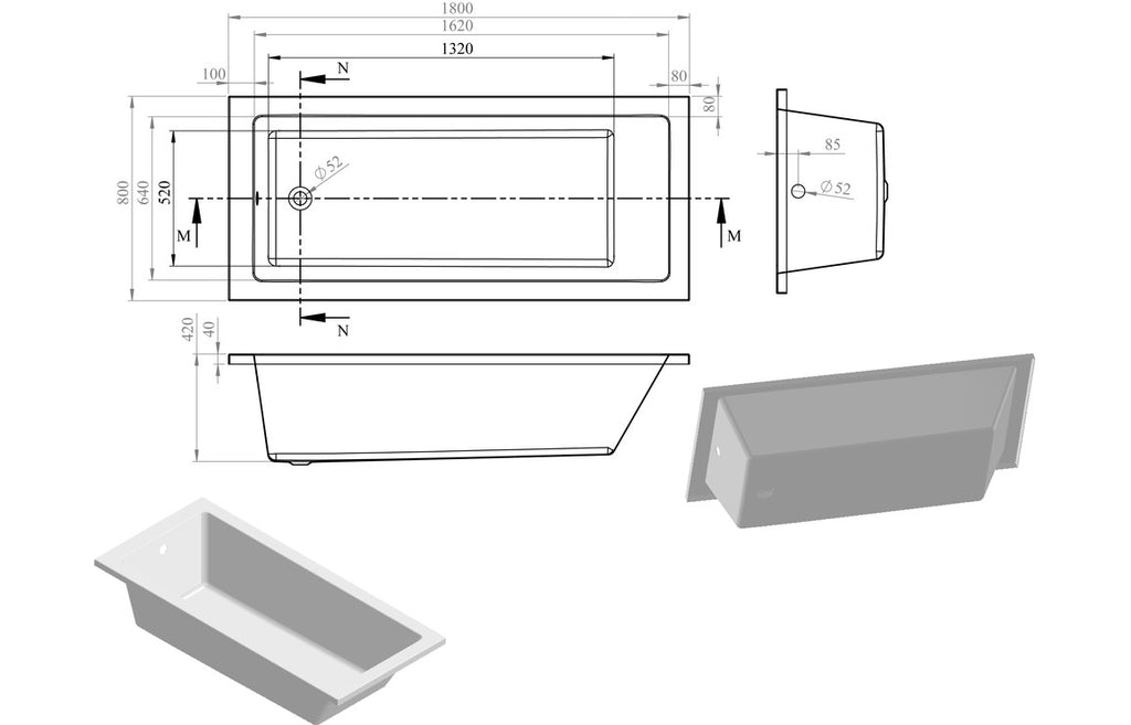 Tunde Square Single Ended 1500/ 1600/ 1700/ 1800 X 700/ 750/ 800 mm 0TH Bath & Legs