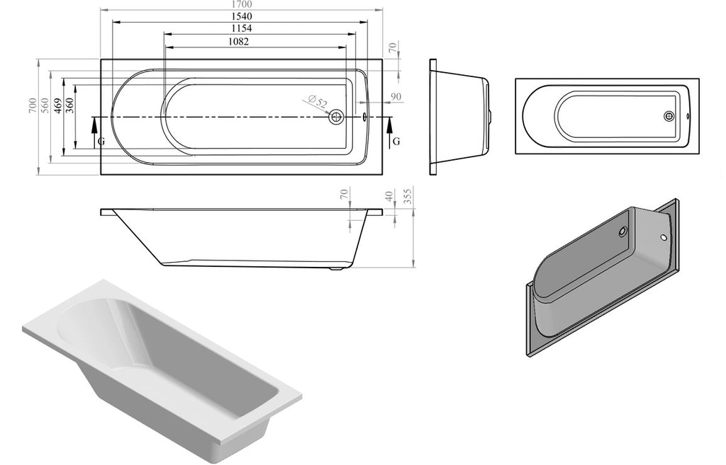 Parcha D Shape Single Ended 1700x700x550mm 2TH Bath & Legs