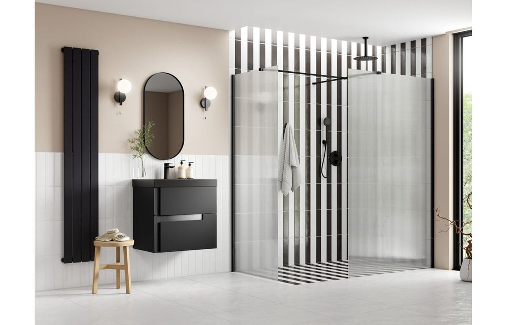 Diwa Fluted Wetroom Panel with Side Panel Arm - Black, Brass, Chrome, Bronze