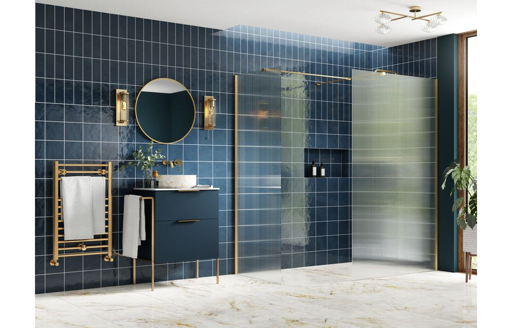 Diwa Fluted Wetroom Panel with Side Panel Arm - Black, Brass, Chrome, Bronze