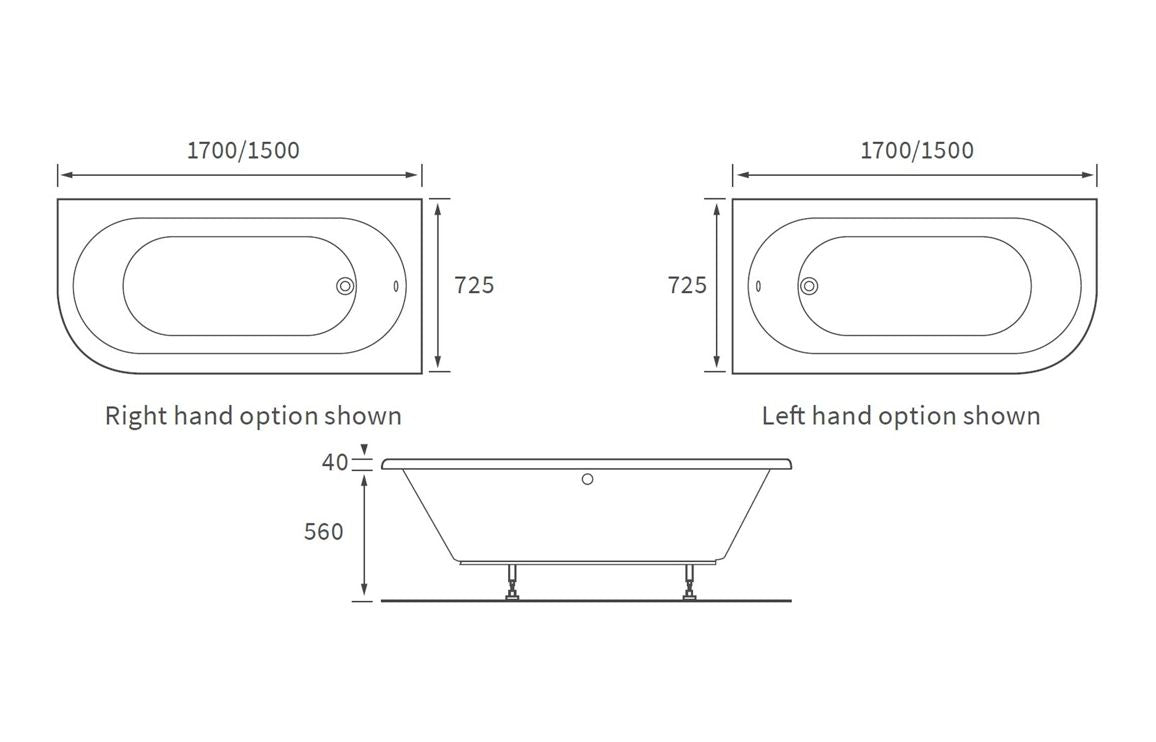 Petra J Shape Single Ended 1500/ 1700 X 725 mm 0TH Bath & Legs - Left/ Right Hand