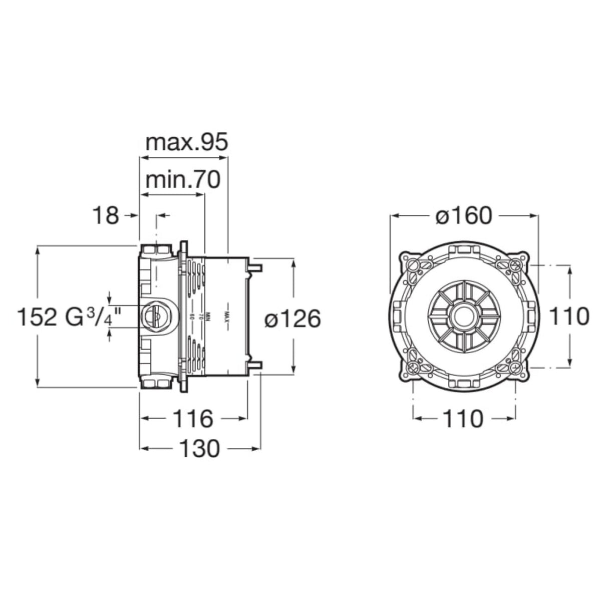 Roca T-1000 Round Built In Concealed Thermostatic 2 Outlet Shower Set - Chrome